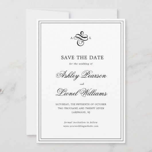 Save The Date Élégant classique de script formel Monogramme Mari (Devant)