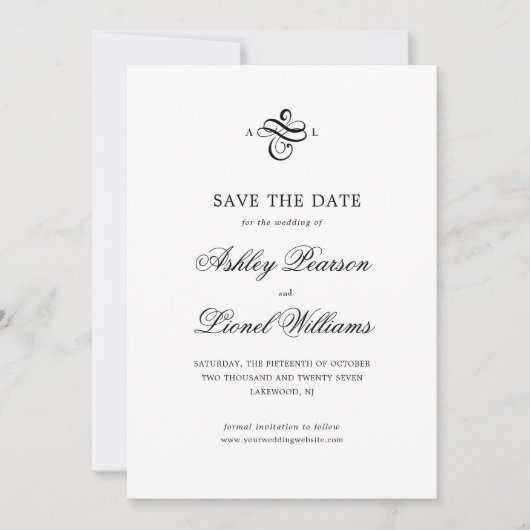 Save The Date Élégant classique de script formel Monogramme Mari (Devant)