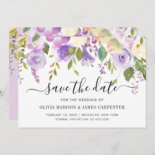 Save The Date Élégant classique Dusty violet violet Mariage flor (Devant / Derrière)