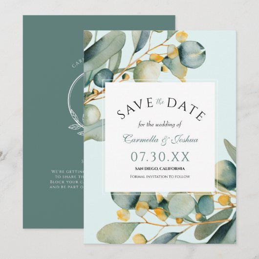 Save The Date Elégant classique Eucalyptus Boho Mariage (Devant / Derrière)
