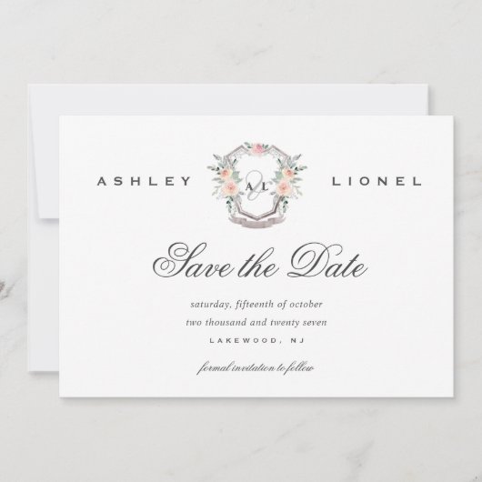 Save The Date Élégant classique Forme Monogramme Floral Mariage (Devant)
