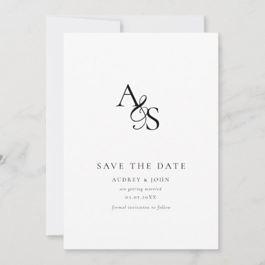 Save The Date Élégant, Classique, Monogramme, Blanc, Mariage (Devant)