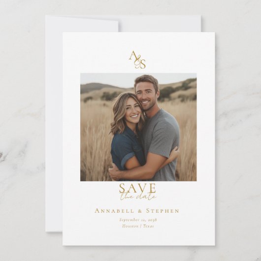 Save The Date Élégant, Classique, Monogramme, Blanc, Mariage 1 P (Devant)