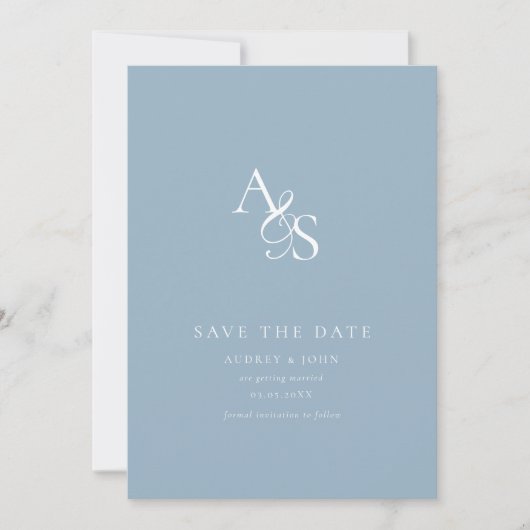 Save The Date Élégant, Classique, Monogramme, Bleu Poudre, Maria (Devant)