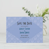 Save The Date Élégant Classy Blue Damask Script Mariage officiel (Debout devant)