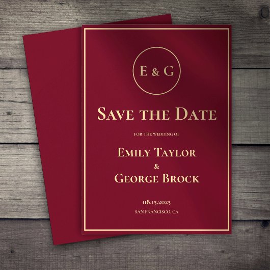 Save The Date Élégant Classy Bourgogne Or Monogramme Chic Mariag
