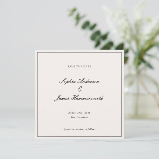 Save The Date Élégant Classy Formal Cadre Noir Mariage de script (Debout devant)