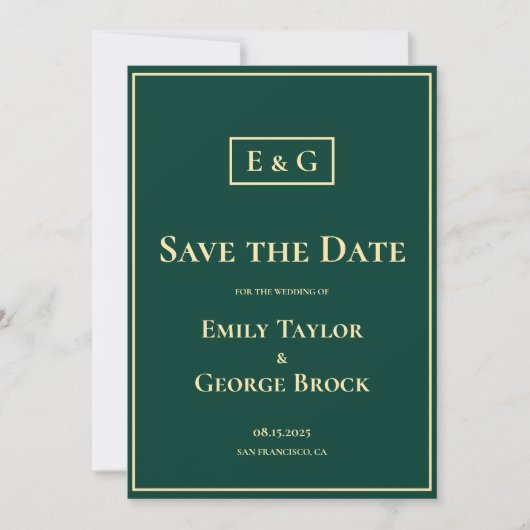 Save The Date Élégant Classy Green Gold Monogramme Mariage moder (Devant)