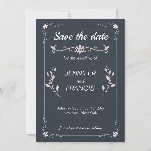 Save The Date Elegant Classy Navy et Mariage rose (Devant)