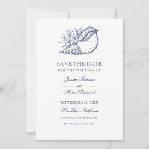 Save The Date Elégant Classy Navy Seashell Beach Mariage Photo