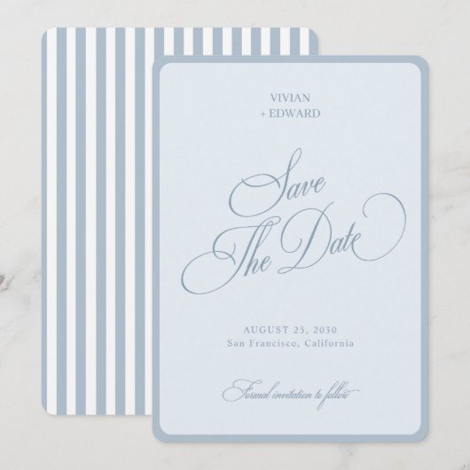 Save The Date Elegant Coastal Blue Stripes Border Retro Wedding (Devant / Derrière)