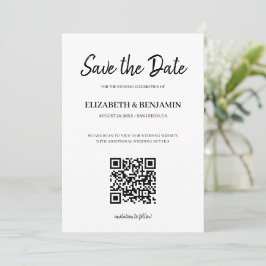 Save The Date Élégant Code QR de Calligraphie Script Photo Enreg (Debout devant)