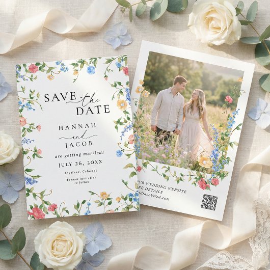 Save The Date Élégant Code QR de Fleur Sauvage pour Mariage