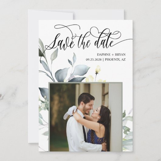 Save The Date Élégant Code QR de Mariage Photo de Feuilles Verte (Devant)