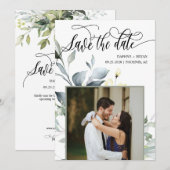 Save The Date Élégant Code QR de Mariage Photo de Feuilles Verte (Devant / Derrière)
