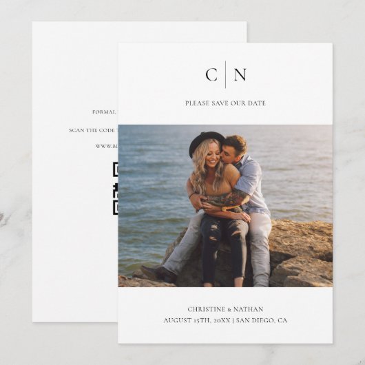 Save The Date Élégant Code QR de photo à monogramme  (Devant / Derrière)