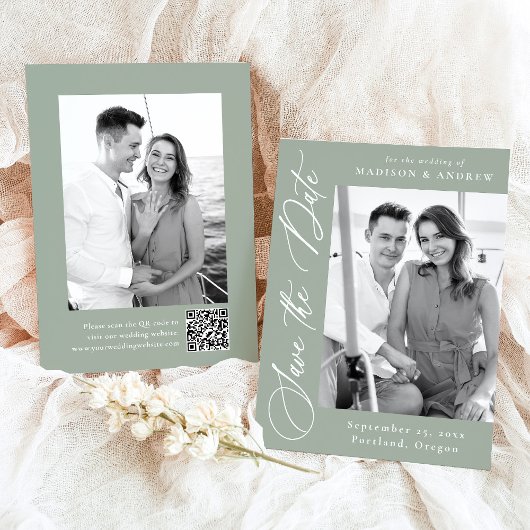 Save The Date Élégant Code QR de Photo Vert Sage Calligraphié