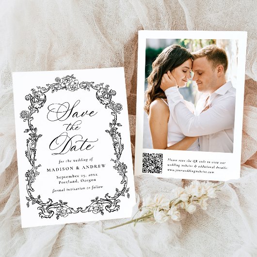 Save The Date Élégant Code QR Floral Victorien Mariage