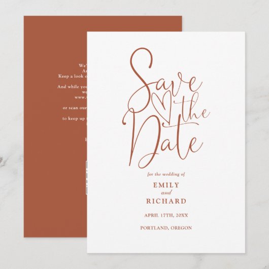 Save The Date Élégant code QR moderne en terre cuite pour mariag (Devant / Derrière)