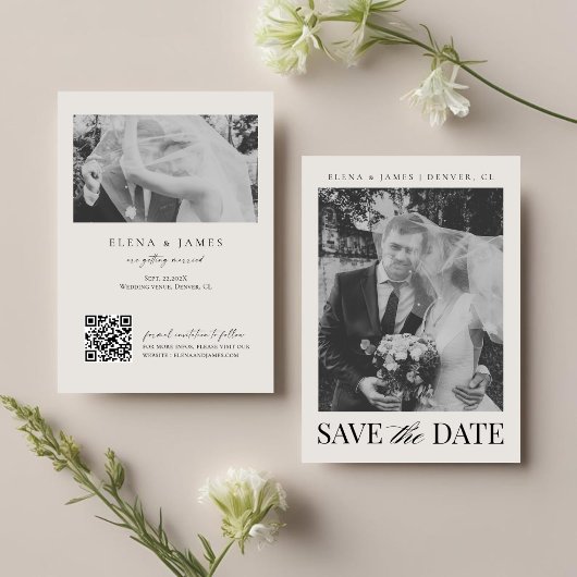 Save The Date Élégant code QR monochrome à monogramme pour maria