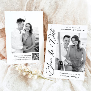 Save The Date Élégant Code QR Photo Mariage Calligraphie Noir 2