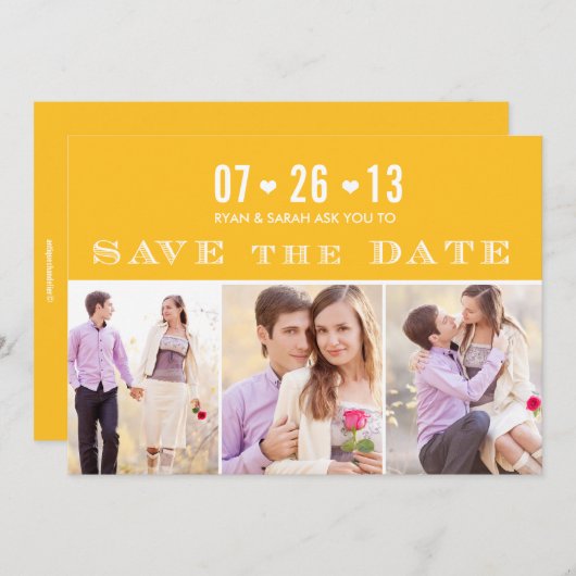 Save The Date Elégant Coeur Jaune Sauvez les dates avec des phot (Devant / Derrière)