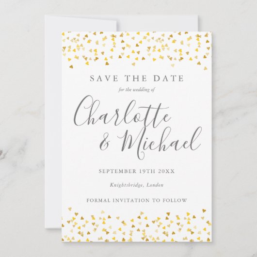 Save The Date Élégant Cœurs en Or Confettis Signature Script (Devant)