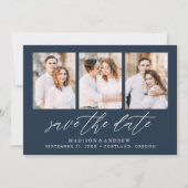 Save The Date Élégant Collage de 3 Photos Navy Script (Devant)