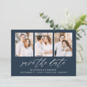 Save The Date Élégant Collage de 3 Photos Navy Script (Debout devant)