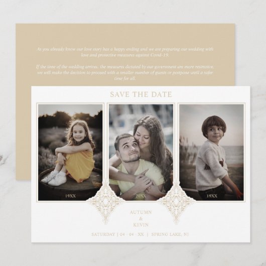 Save The Date Elegant Collage Lace Then & Now 3 Photos Wedding (Devant / Derrière)