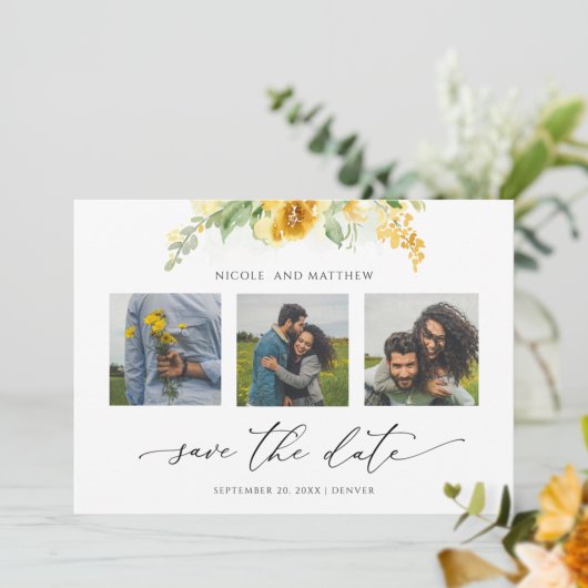 Save The Date Élégant Collage Photo Jaune Floral Mariage