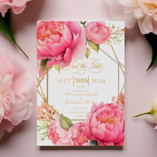 Save The Date Élégant coloré noir Peonies rose Script