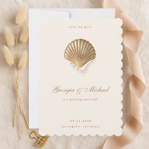 Save The Date Elégant Coquillage & Perles Mariage Gold Coastal