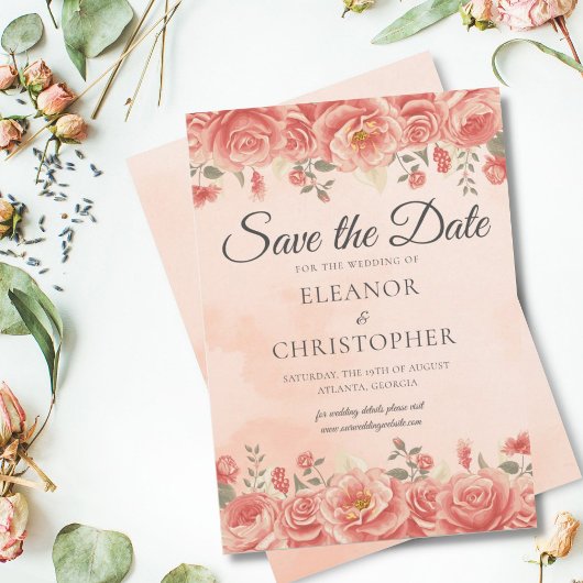 Save The Date Élégant corail Roses Aquarelle Pêche Florale