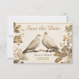 Save The Date Élégant Couple de Colombes sur une Branche avec Fe