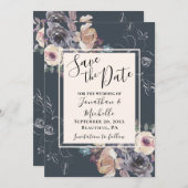 Save The Date Elégant Crème Gris Floral Marine Arrière - plan Ma (Devant / Derrière)