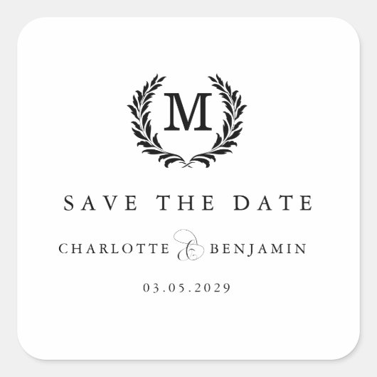 Save the date! Elegant Crest Monogram Wit Vierkante Sticker (Voorkant)