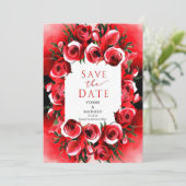 Save The Date Élégant Crimson Whimsical Mariage Roses rouges (Debout devant)