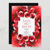 Save The Date Élégant Crimson Whimsical Mariage Roses rouges (Devant / Derrière)