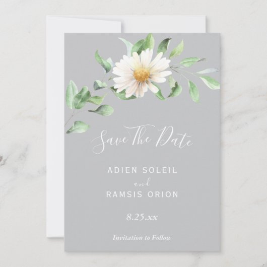 Save The Date Élégant Daisy | Mariage Gris Enregistrer La Date (Devant)