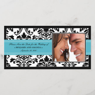 Save The Date Elegant Damask Save-the-Date Photocard : aqua