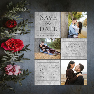 Save The Date Elegant Damask Three Photo Collage Gray