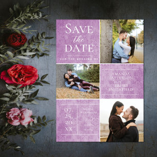 Save The Date Elegant Damask Three Photo Collage   Magenta