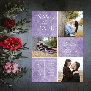 Save The Date Elegant Damask Trois Photo Purple Enregistrer la