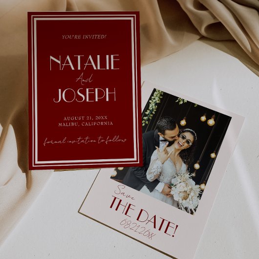 Save The Date Elegant Deep Red Ivory Old Money Photo Wedding
