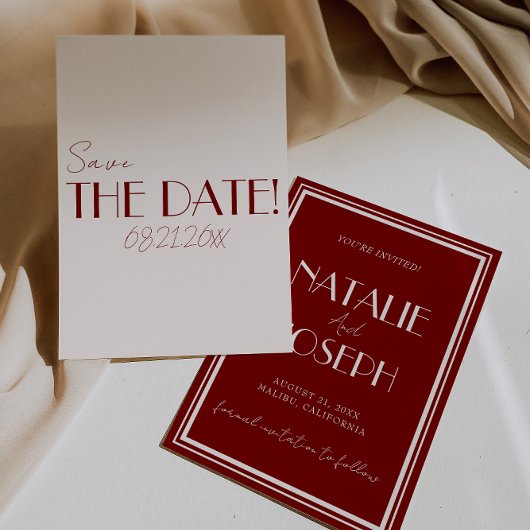 Save The Date Elegant Deep Red Ivory Old Money Whimsical Wedding