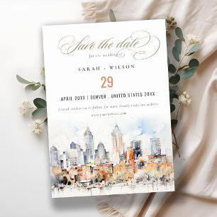 Save The Date Elégant Denver Colorado Skyline Watercolor Mariage