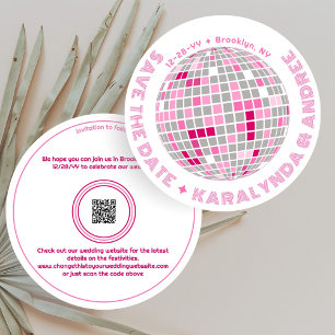 Save The Date Élégant Disco Ball Rose Blanc Mariage rond