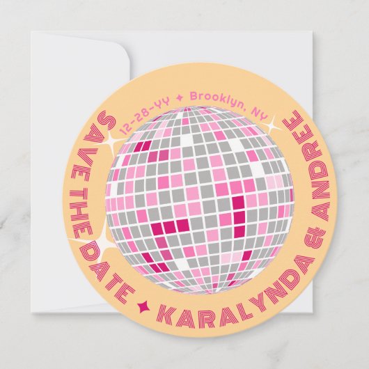 Save The Date Élégant Disco Ball rose Orange Mariage rond (Devant)