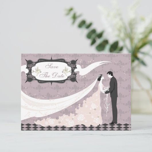 Save The Date Elegant Doves, Mariée & Chambre Enregistrer la dat (Debout devant)